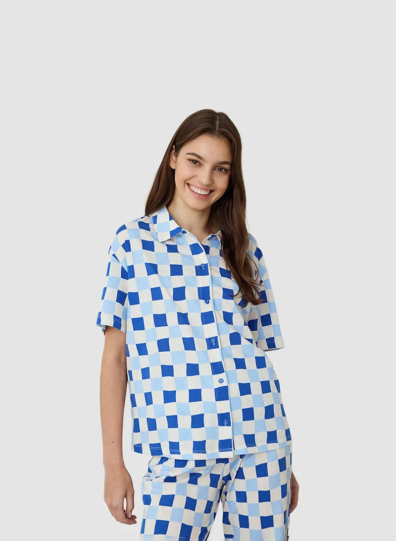 بنتي طقم بيجامة قصير الأكمام بياقة قميص كاروهات ريهيا